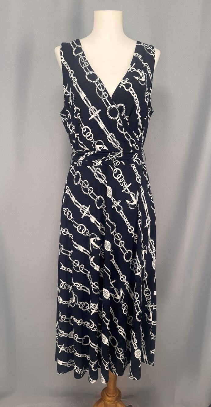 Lauren Ralph Lauren Nautical Midi Size 10 Navy Anchor Knot Rope Jersey Coastal